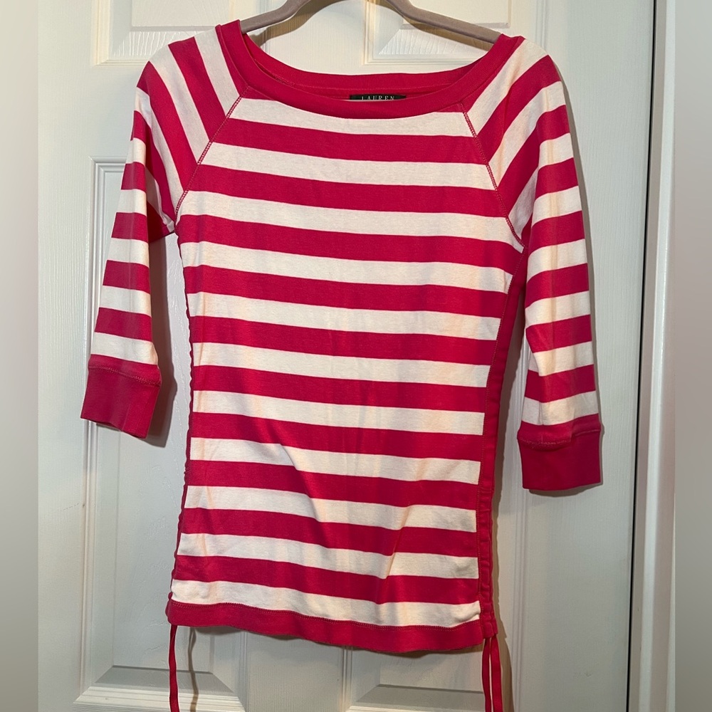 🦋Lauren Ralph Lauren  Pink and White Striped Blouse size xsmall